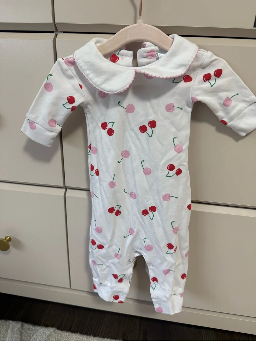 Little English White One-Piece with Red and Pink Cherry Print